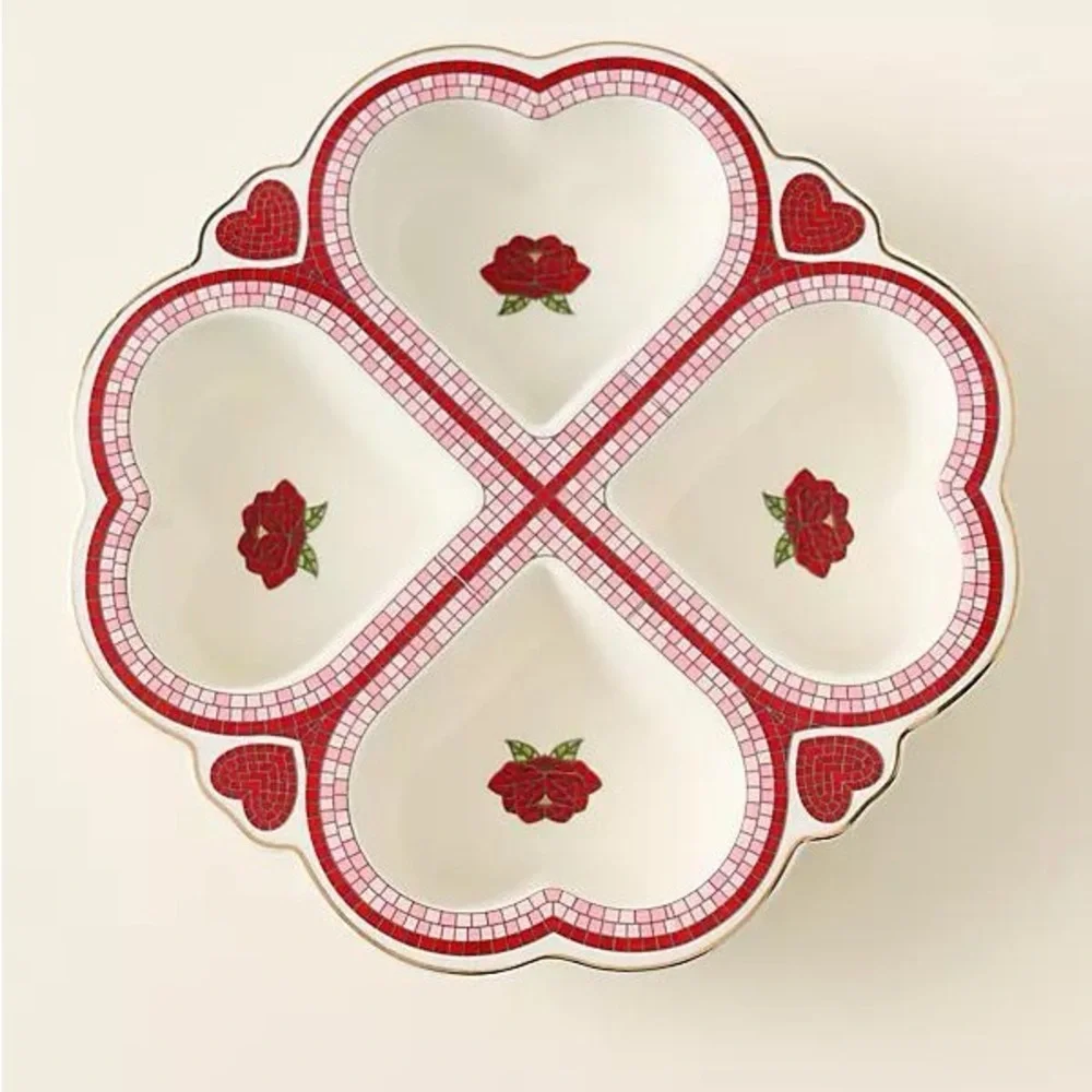 Anthropologie Bistro Tile Stoneware 24k Gold Accent Muffin Pan hearts Valentines